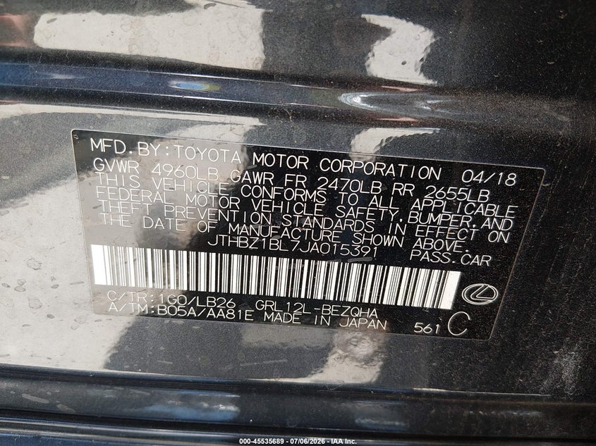 2018 Lexus Gs VIN JTHBZ1BL7JA015391 IAAI salvage auction — LEFT FRONT, Salvage (California), sold $8,500 on 2026-07-29 (photo 9)