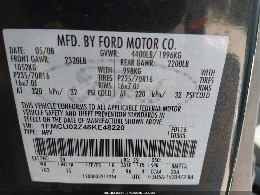 2008 Ford Escape VIN 1FMCU02Z48KE48220 IAAI salvage auction — REAR END, Salvage (Kansas), sold $475 on 2026-07-25 (photo 9)