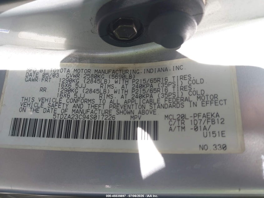 2004 Toyota Sienna VIN 5TDZA23C94S017226 IAAI salvage auction — REAR END, Salvage (California), sold $475 on 2026-07-18 (photo 9)
