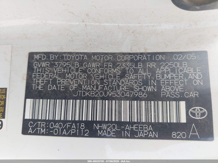 2005 Toyota Prius VIN JTDKB20U953047986 IAAI salvage auction — SIDE, Salvage (Arizona), sold $725 on 2026-07-12 (photo 9)
