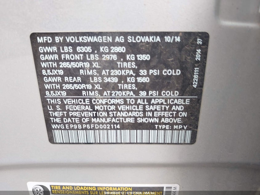 2015 Volkswagen Touareg VIN WVGEP9BP5FD002114 IAAI salvage auction — RIGHT REAR, Salvage (Minnesota), sold $1,800 on 2026-08-17 (photo 9)