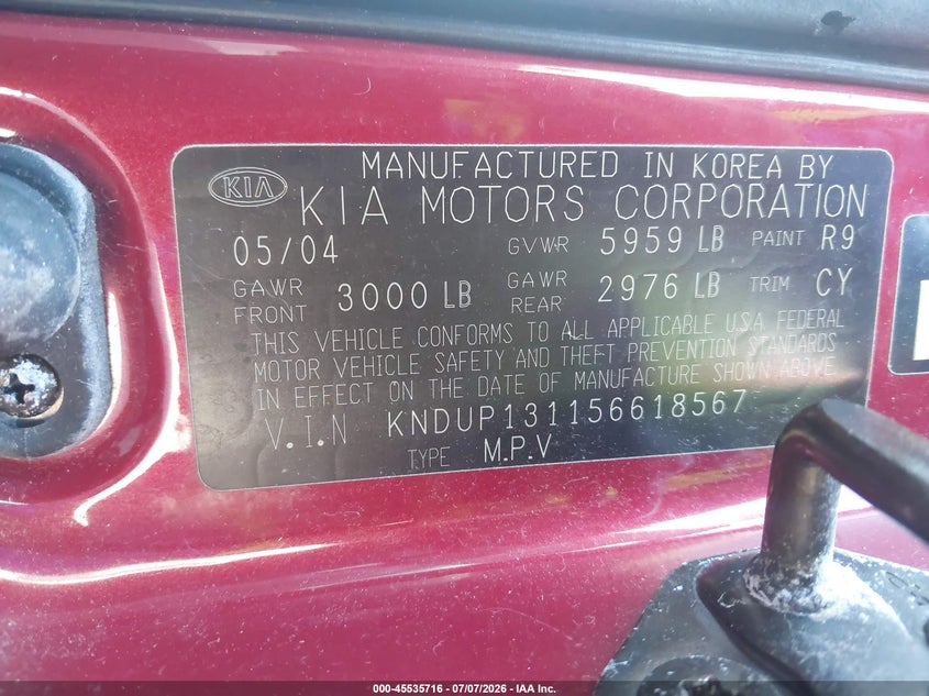 2005 Kia SEDONA VIN KNDUP131156618567 IAAI salvage auction — NORMAL WEAR, Clear - Dealer Only (California), sold $350 on 2026-07-14 (photo 9)