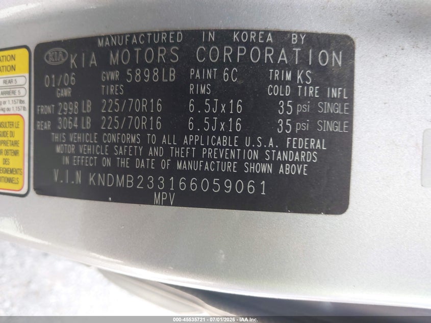 2006 Kia SEDONA VIN KNDMB233166059061 IAAI salvage auction — NORMAL WEAR, Clear (Indiana), sold $600 on 2026-07-08 (photo 9)