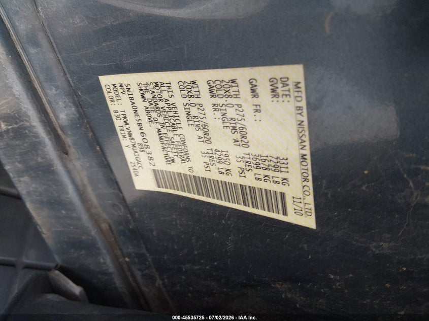 2011 Nissan Armada VIN 5N1BA0NE5BN608382 IAAI salvage auction — NORMAL WEAR, Clear (Missouri), sold $900 on 2026-07-09 (photo 9)