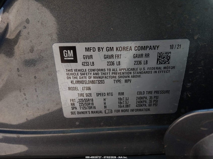 2022 Buick Encore gx VIN KL4MMDSL0NB073203 IAAI salvage auction — BIOHAZARD/CHEMICAL, Salvage Title, sold $1,950 on 2026-07-31 (photo 9)