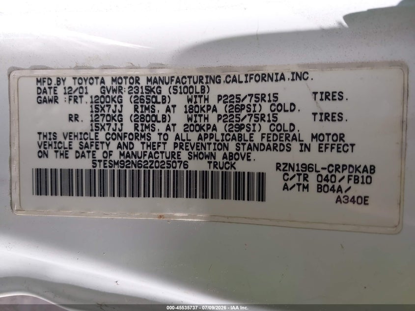 2002 Toyota Tacoma VIN 5TESM92N62Z025076 IAAI salvage auction — NORMAL WEAR, Clear - Dealer Only (California), sold $3,150 on 2026-07-21 (photo 9)