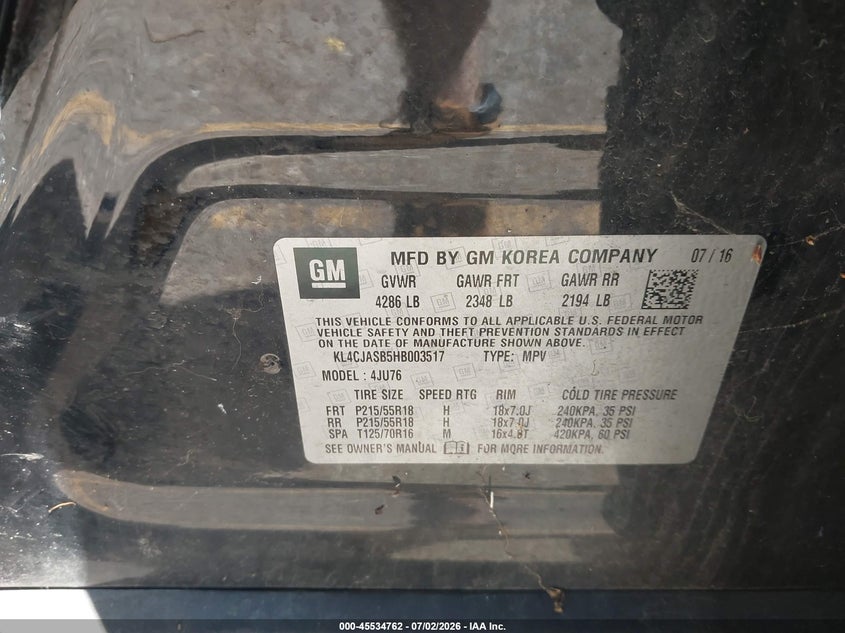 2017 Buick Encore VIN KL4CJASB5HB003517 IAAI salvage auction — NORMAL WEAR, Clear (Michigan), sold $1,275 on 2026-07-27 (photo 9)