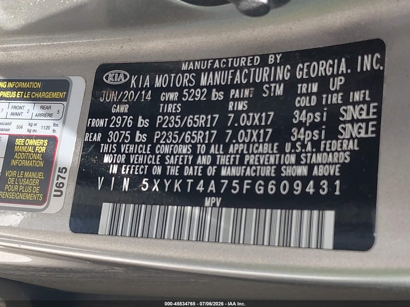 2015 Kia Sorento VIN 5XYKT4A75FG609431 IAAI salvage auction — NORMAL WEAR, Original (Texas), sold $875 on 2026-08-01 (photo 9)