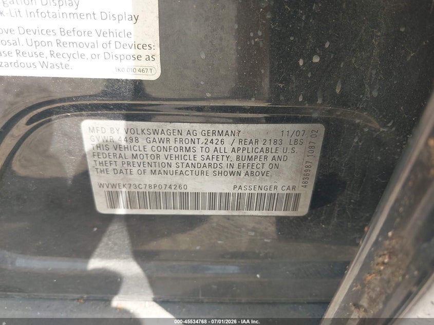 2008 Volkswagen Passat VIN WVWEK73C78P074260 IAAI salvage auction — REAR END, Rebuildable (Florida), sold $350 on 2026-07-12 (photo 9)