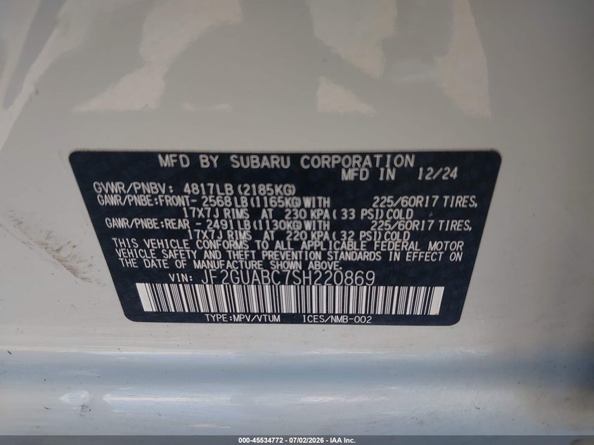 2025 Subaru Xv VIN JF2GUABC7SH220869 IAAI salvage auction — FRONT END, Bill Of Sale (Washington), sold $5,100 on 2026-07-28 (photo 9)