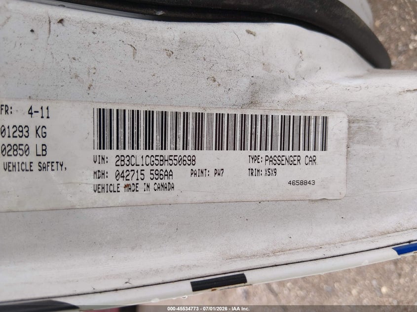 2011 Dodge Charger VIN 2B3CL1CG5BH550698 IAAI salvage auction — NORMAL WEAR, Clear (Florida), sold $350 on 2026-07-20 (photo 9)