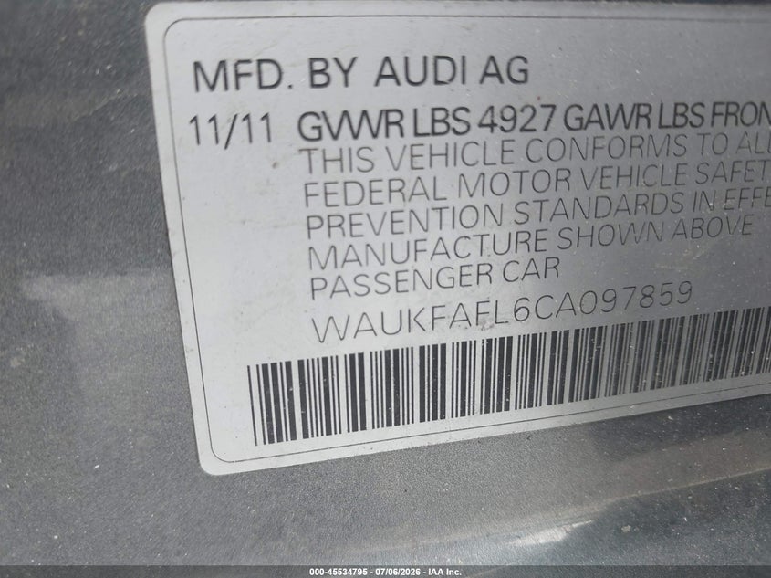 2012 Audi A4 VIN WAUKFAFL6CA097859 IAAI salvage auction — NORMAL WEAR, Clear (New York), sold $525 on 2026-07-28 (photo 9)