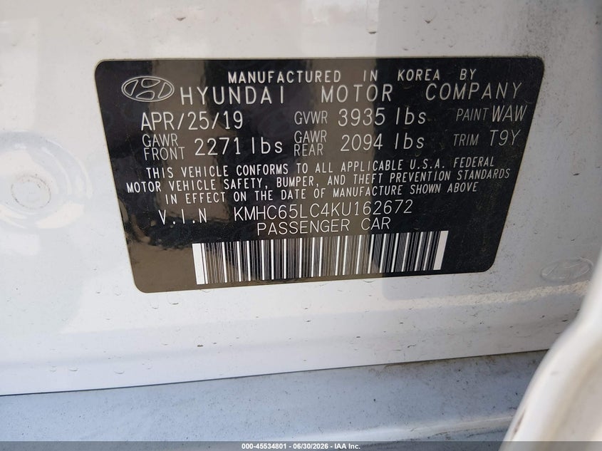 2019 Hyundai Ioniq hybrid VIN KMHC65LC4KU162672 IAAI salvage auction — NORMAL WEAR, Sf97 (California), sold $50 on 2026-07-30 (photo 9)