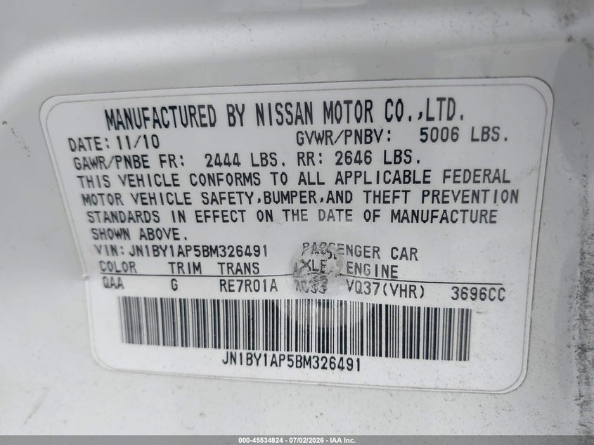 2011 Infiniti M VIN JN1BY1AP5BM326491 IAAI salvage auction — LEFT SIDE, Salvage (California), sold $1,275 on 2026-08-01 (photo 9)