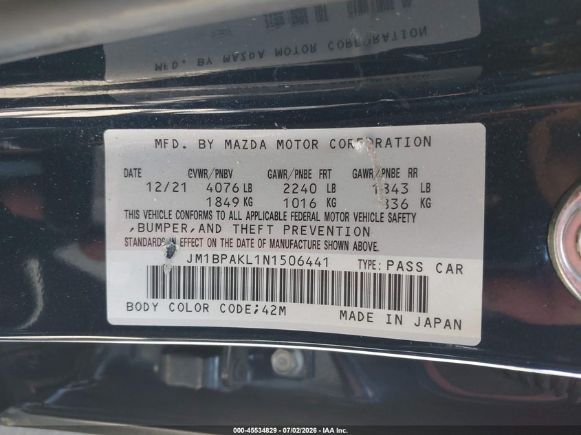 2022 Mazda 3 VIN JM1BPAKL1N1506441 IAAI salvage auction — LEFT REAR, Wait Title, sold $25 on 2026-07-31 (photo 9)