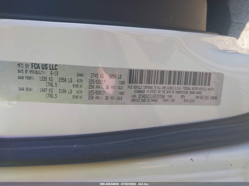2019 Dodge Caravan VIN 2C4RDGCG1KR727394 IAAI salvage auction — NORMAL WEAR, Clear (Michigan), sold $1,225 on 2026-07-10 (photo 9)
