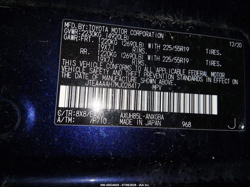 2021 Toyota Venza VIN JTEAAAAH7MJ028417 IAAI salvage auction — HAIL, Salvage (Iowa), sold $12,100 on 2026-07-28 (photo 9)
