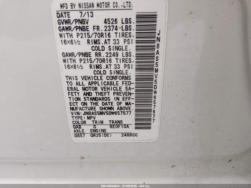 2013 Nissan Rogue sport VIN JN8AS5MV5DW657577 IAAI salvage auction — NORMAL WEAR, Clear (Alabama), sold $375 on 2026-07-20 (photo 9)