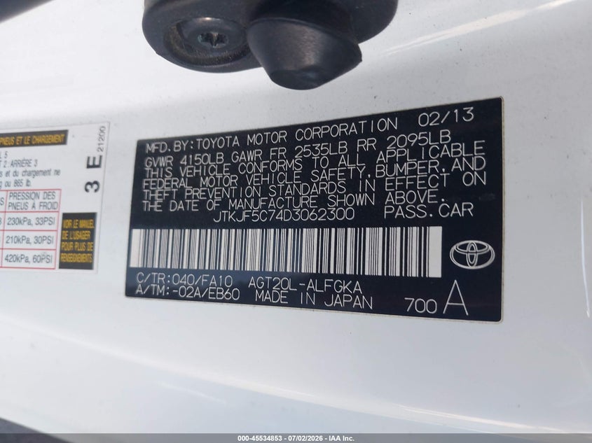 2013 Scion Tc VIN JTKJF5C74D3062300 IAAI salvage auction — LEFT FRONT, Salvage (Arizona), sold $1,150 on 2026-07-31 (photo 9)