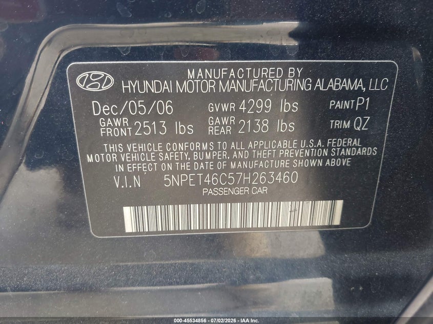 2007 Hyundai Sonata VIN 5NPET46C57H263460 IAAI salvage auction — FRONT END, Salvage (California), sold $250 on 2026-07-15 (photo 9)