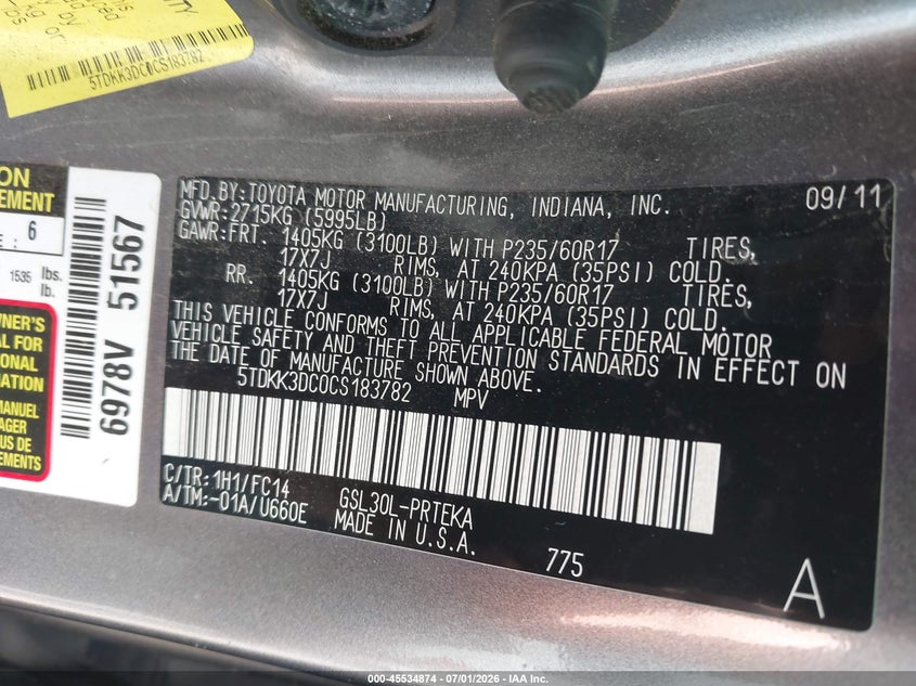 2012 Toyota Sienna VIN 5TDKK3DC0CS183782 IAAI salvage auction — NORMAL WEAR, Clear (New York), sold $950 on 2026-07-21 (photo 9)