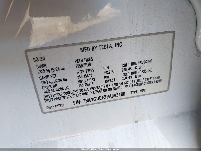 2023 Tesla Model y VIN 7SAYGDEE2PA093190 IAAI salvage auction — REAR END, Salvage (Arizona), sold $13,000 on 2026-07-16 (photo 9)