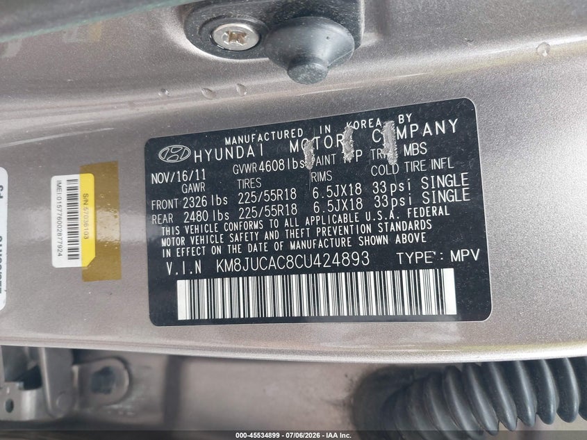 2012 Hyundai Tucson VIN KM8JUCAC8CU424893 IAAI salvage auction — SIDE, Salvage (Pennsylvania), sold $1,300 on 2026-07-17 (photo 9)
