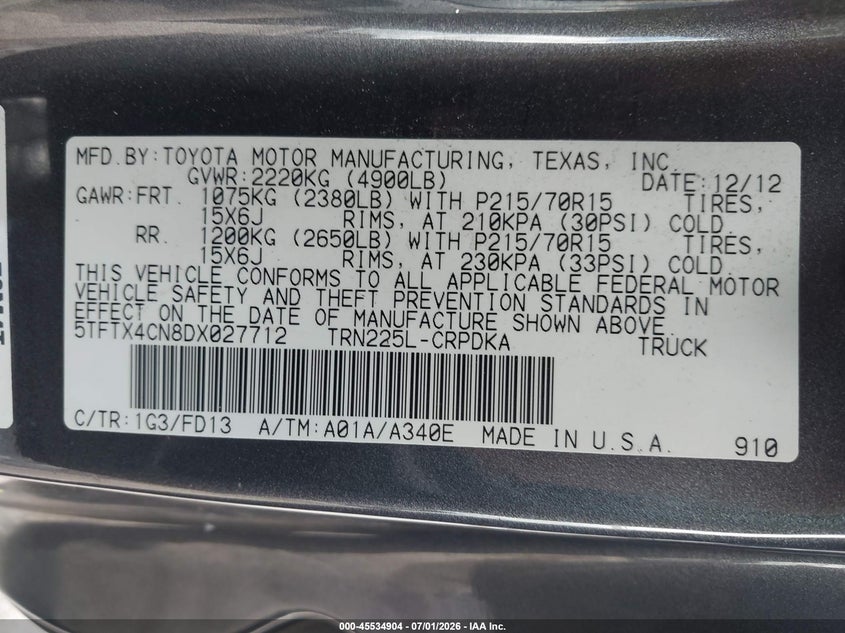 2013 Toyota Tacoma VIN 5TFTX4CN8DX027712 IAAI salvage auction — LEFT SIDE, Salvage Title, sold $25 on 2026-07-29 (photo 9)