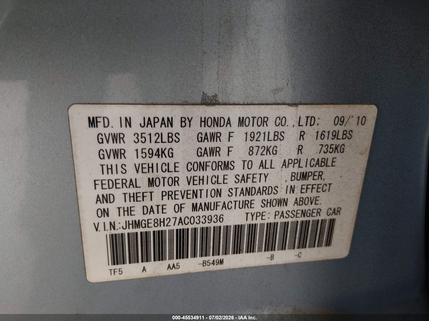 2010 Honda Fit VIN JHMGE8H27AC033936 IAAI salvage auction — FRONT END, Bill Of Sale (Washington), sold $1,500 on 2026-07-22 (photo 9)
