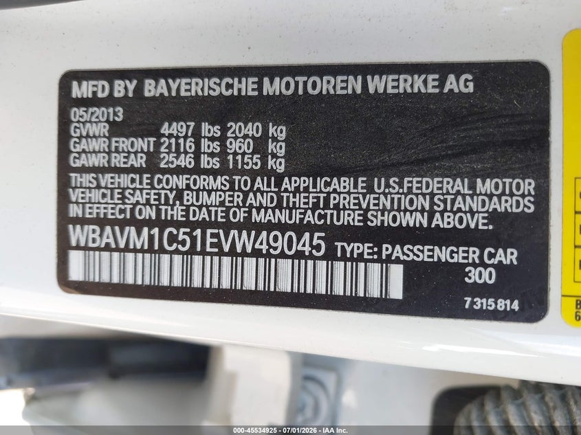 2014 BMW X1 VIN WBAVM1C51EVW49045 IAAI salvage auction — FRONT END, Salvage Title, sold $775 on 2026-07-24 (photo 9)