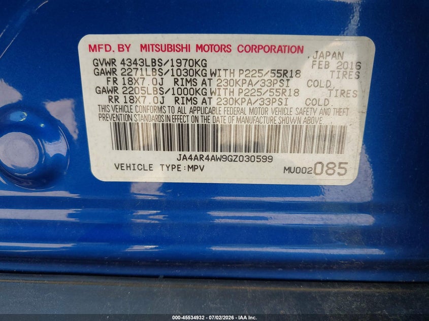 2016 Mitsubishi Outlander VIN JA4AR4AW9GZ030599 IAAI salvage auction — FRONT END, Mv-907A (New York), sold $25 on 2026-07-28 (photo 9)