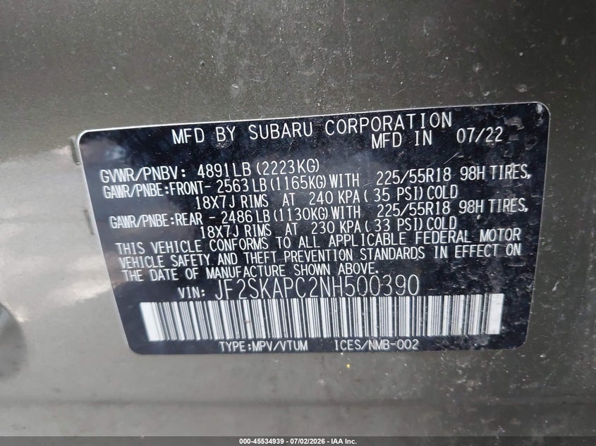 2022 Subaru Forester VIN JF2SKAPC2NH500390 IAAI salvage auction — SIDE, Mv-907A (New York), sold $2,300 on 2026-07-28 (photo 9)