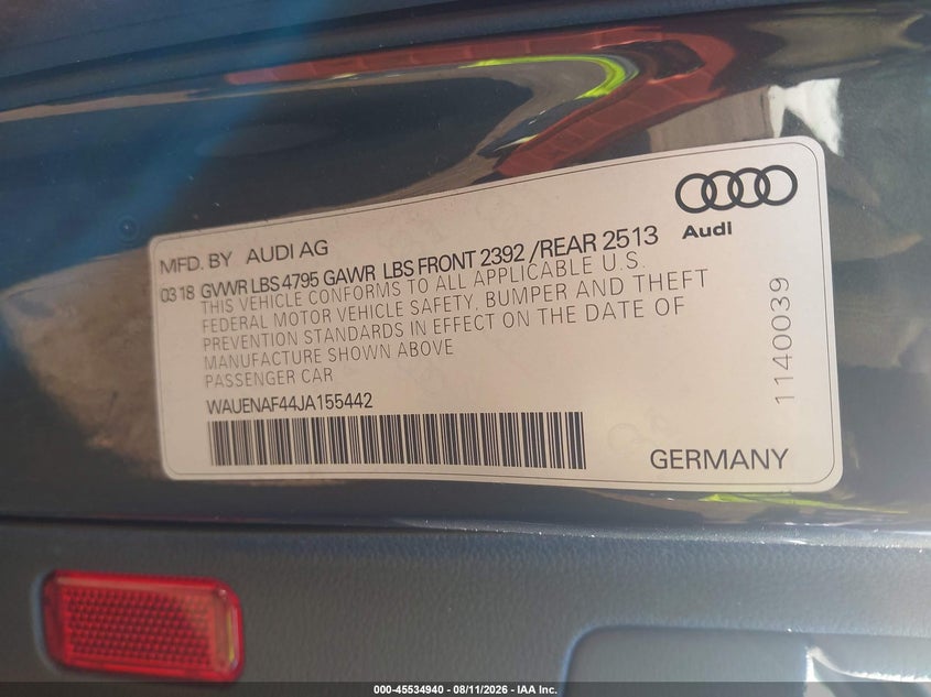 2018 Audi A4 VIN WAUENAF44JA155442 IAAI salvage auction — FRONT END, Salvage (Alabama), sold $5,700 on 2026-08-22 (photo 9)