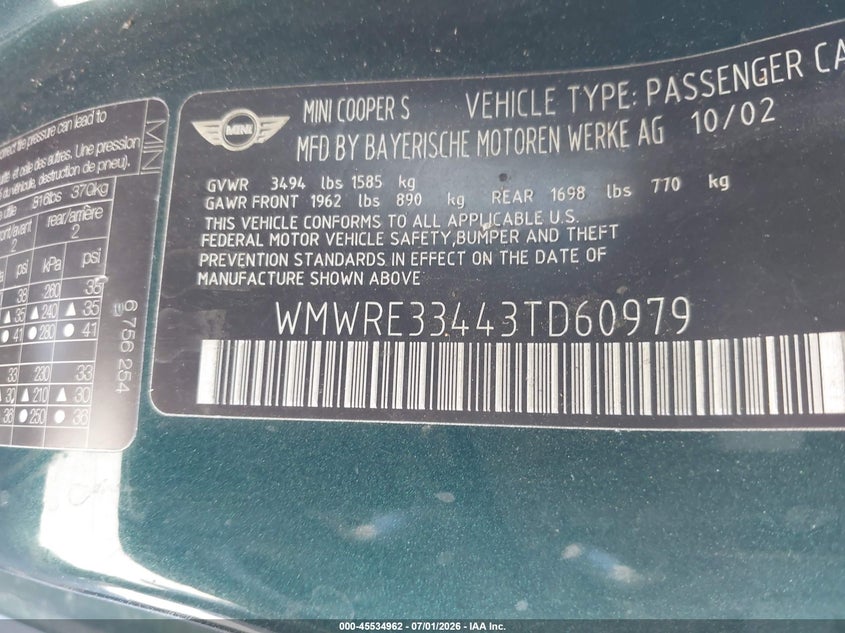 2003 Mini Cooper VIN WMWRE33443TD60979 IAAI salvage auction — NORMAL WEAR, Clear - Dealer Only (California), sold $400 on 2026-07-27 (photo 9)