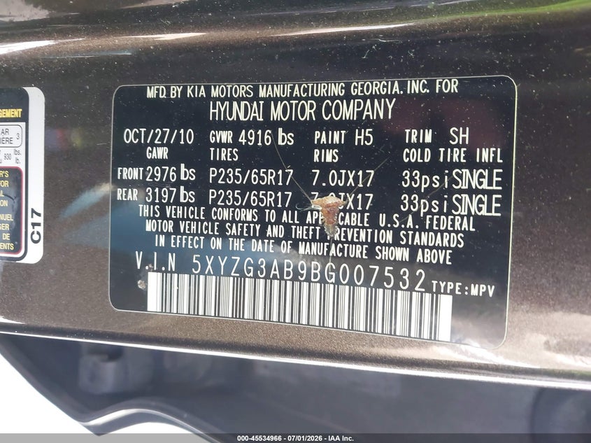 2011 Hyundai Santa fe VIN 5XYZG3AB9BG007532 IAAI salvage auction — NORMAL WEAR, Clear - Dealer Only (California), sold $700 on 2026-07-09 (photo 9)