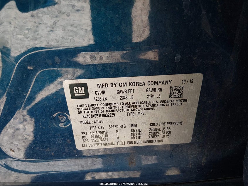 2020 Buick Encore VIN KL4CJASB1LB032229 IAAI salvage auction — FRONT END, Salvage Title, sold $575 on 2026-09-08 (photo 9)