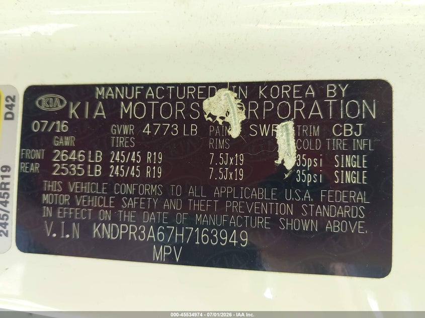 2017 Kia Sportage VIN KNDPR3A67H7163949 IAAI salvage auction — NORMAL WEAR, Clear (Alabama), sold $2,200 on 2026-07-29 (photo 9)