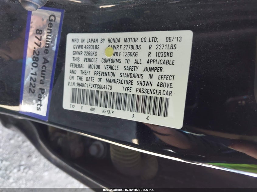 2014 Acura RLX VIN JH4KC1F9XEC004170 IAAI salvage auction — LEFT SIDE, Bill Of Sale (Washington), sold $1,900 on 2026-07-28 (photo 9)