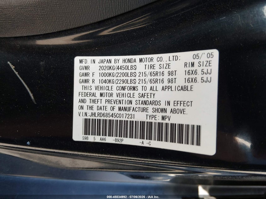 2005 Honda Cr-v VIN JHLRD68545C017231 IAAI salvage auction — NORMAL WEAR, Salvage (California), sold $450 on 2026-07-23 (photo 9)