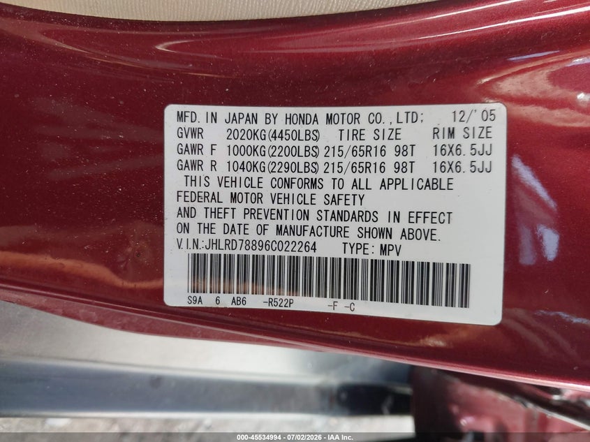 2006 Honda Cr-v VIN JHLRD78896C022264 IAAI salvage auction — SIDE, Salvage (California), sold $1,550 on 2026-07-17 (photo 9)