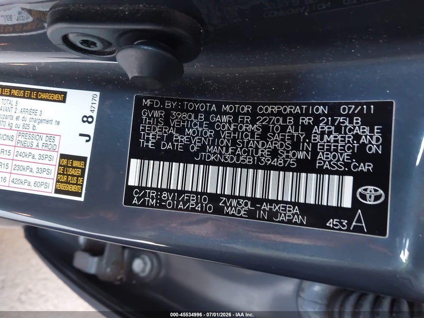 2011 Toyota Prius VIN JTDKN3DU5B1394875 IAAI salvage auction — RIGHT FRONT, Salvage (California), sold $2,500 on 2026-07-30 (photo 9)