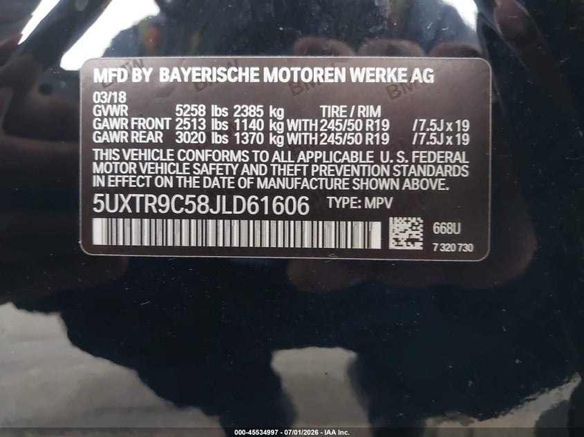 2018 BMW X3 VIN 5UXTR9C58JLD61606 IAAI salvage auction — RIGHT SIDE, Salvage (California), sold $8,000 on 2026-07-29 (photo 9)