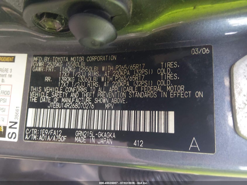 2006 Toyota 4runner VIN JTEBU14R268070276 IAAI salvage auction — NORMAL WEAR, Clear (Virginia), sold $1,950 on 2026-07-14 (photo 9)