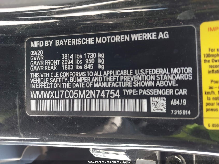 2021 Mini Hard top VIN WMWXU7C05M2N74754 IAAI salvage auction — LEFT SIDE, Salvage Title, sold $3,675 on 2026-08-12 (photo 9)
