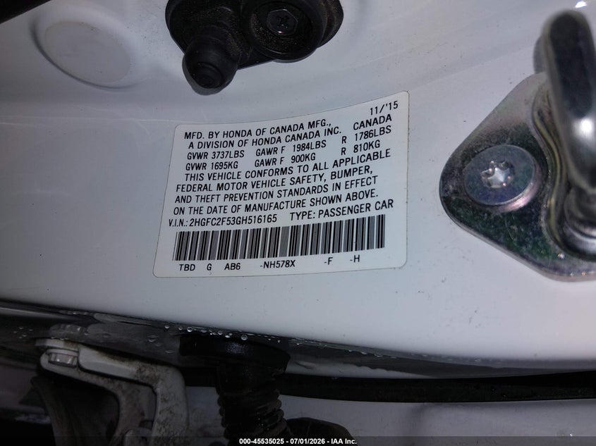 2016 Honda Civic VIN 2HGFC2F53GH516165 IAAI salvage auction — RIGHT FRONT, Salvage Title, sold $25 on 2026-07-29 (photo 9)