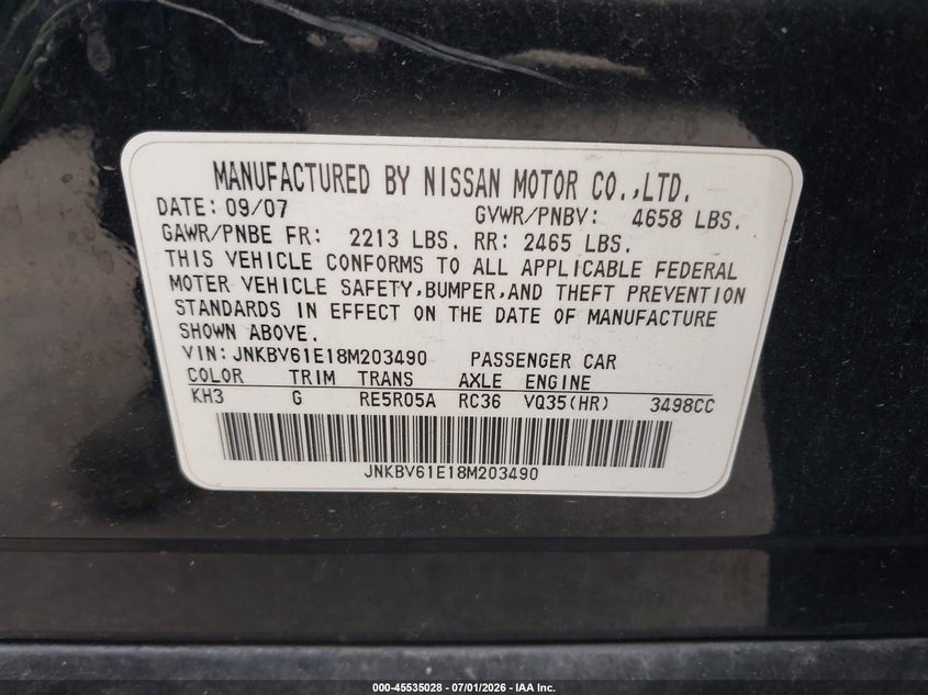 2008 Infiniti G35 VIN JNKBV61E18M203490 IAAI salvage auction — UNKNOWN, Clear - Dealer Only (California), sold $850 on 2026-07-15 (photo 9)