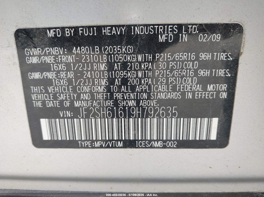 2009 Subaru Forester VIN JF2SH61619H792635 IAAI salvage auction — NORMAL WEAR, Original (Maine), sold $450 on 2026-07-13 (photo 9)