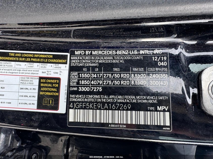 2020 Mercedes-benz Gls-class VIN 4JGFF5KE9LA167269 IAAI salvage auction — UNKNOWN, Clear (Massachusetts), sold $275 on 2026-07-22 (photo 9)