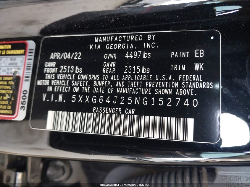 2022 Kia K5 VIN 5XXG64J25NG152740 IAAI salvage auction — FRONT END, Bill Of Sale (Washington), sold $7,200 on 2026-08-01 (photo 9)