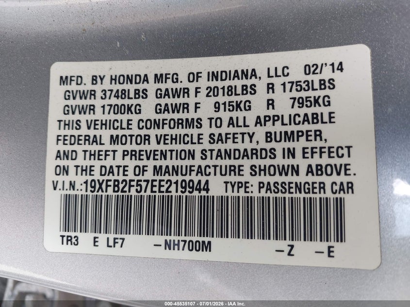 2014 Honda Civic VIN 19XFB2F57EE219944 IAAI salvage auction — LEFT SIDE, Salvage (California), sold $2,800 on 2026-07-22 (photo 9)